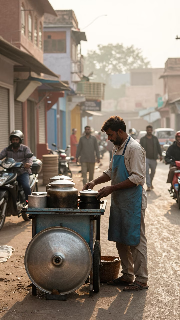 Jaipur India Late Morning Street Scene with Apron and Pot Lid in in Jaipur, India