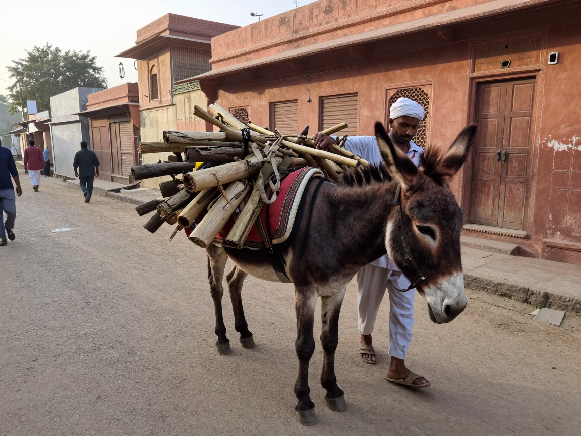 Jaipur India Late Morning Street Scene with Donkey Firewood and Bridge Construction Sparks in in Jaipur, India