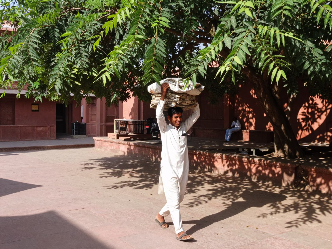 Jaipur India Late Morning Street Scene with Leaf Shadows and Local Life in in Jaipur, India