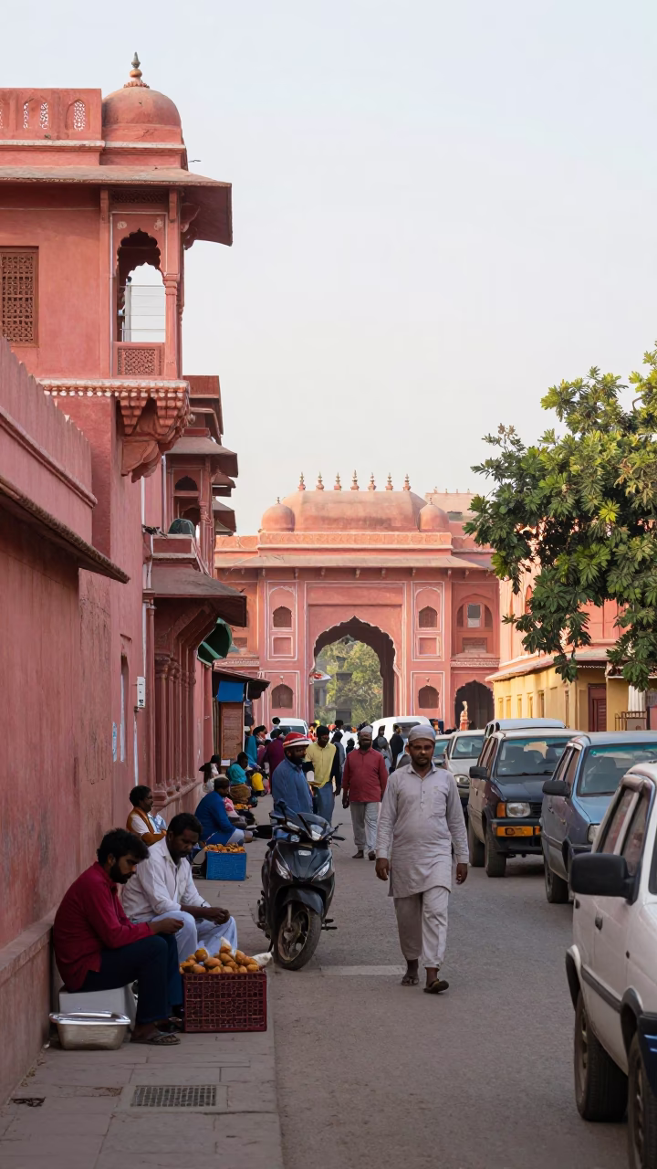 Jaipur India Late Morning Street Scene with Local Vendors and Pink Architecture in in Jaipur, India
