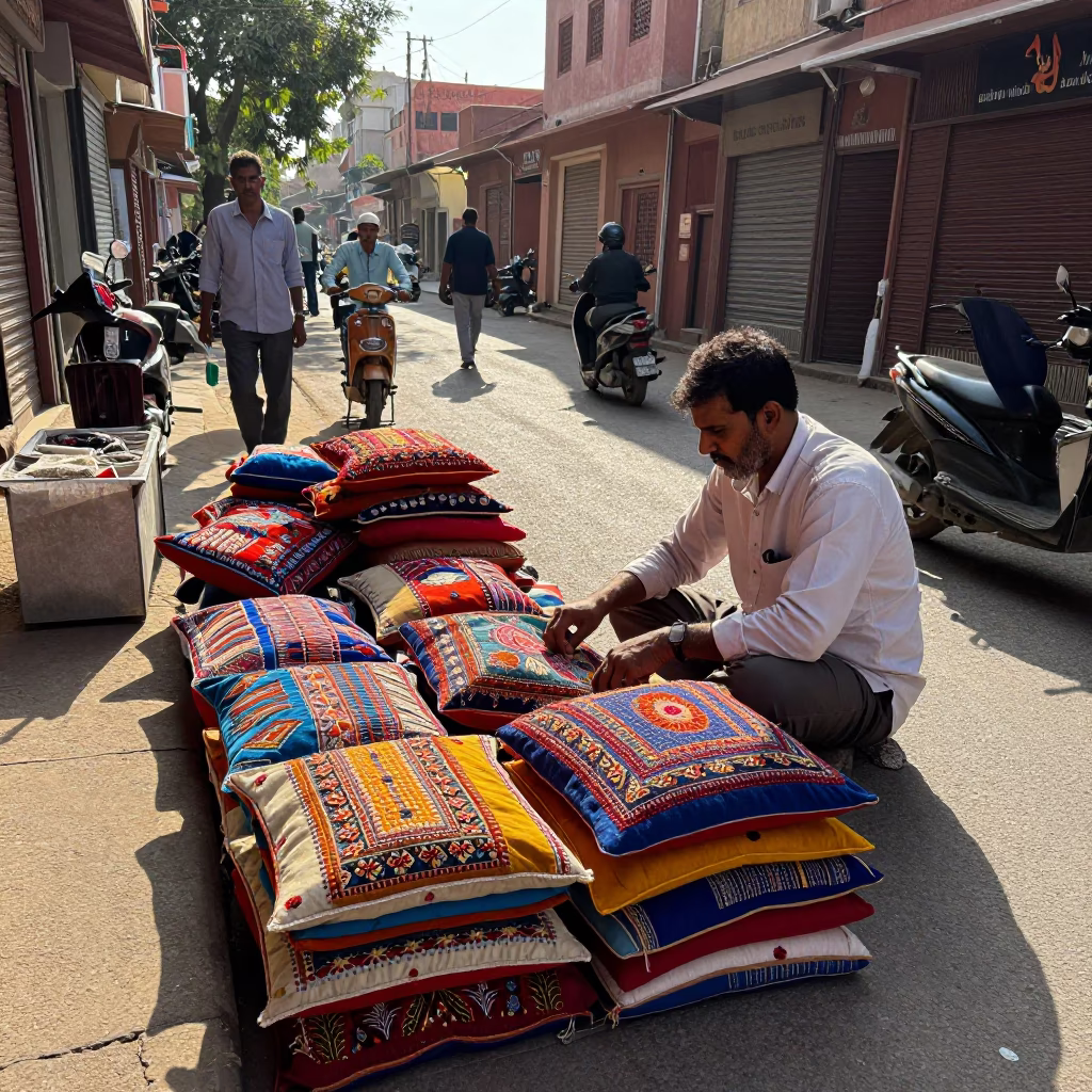 Jaipur India Late Morning Street Scene with Patchwork Pillows and Traditional Architecture in in Jaipur, India