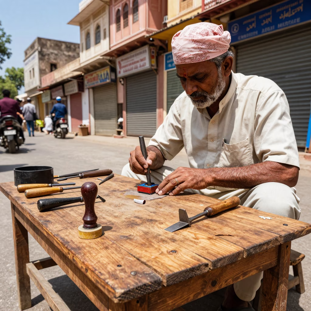 Jaipur India Midday Street Scene with Rubber Stamp and Awl Tools in in Jaipur, India