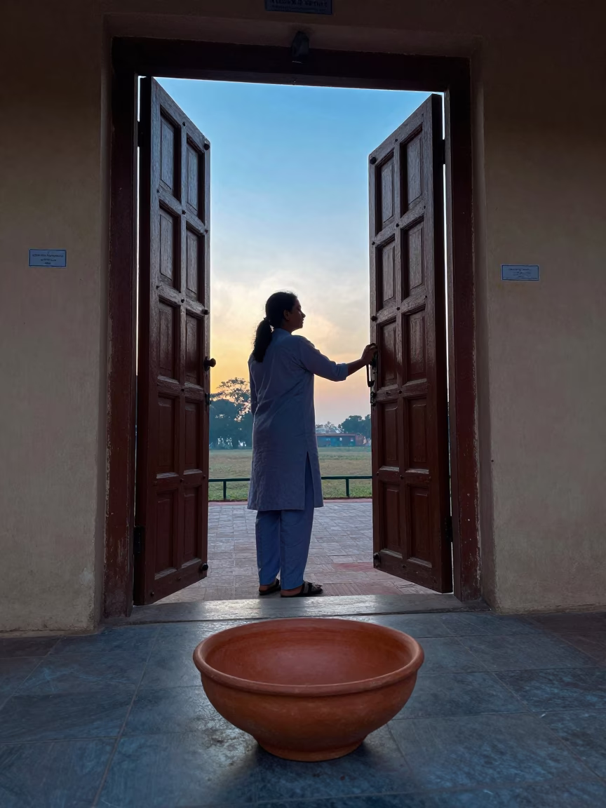 Jaipur India Morning Light Teacher Unlocking School Library Terracotta Bowl in in Jaipur, India