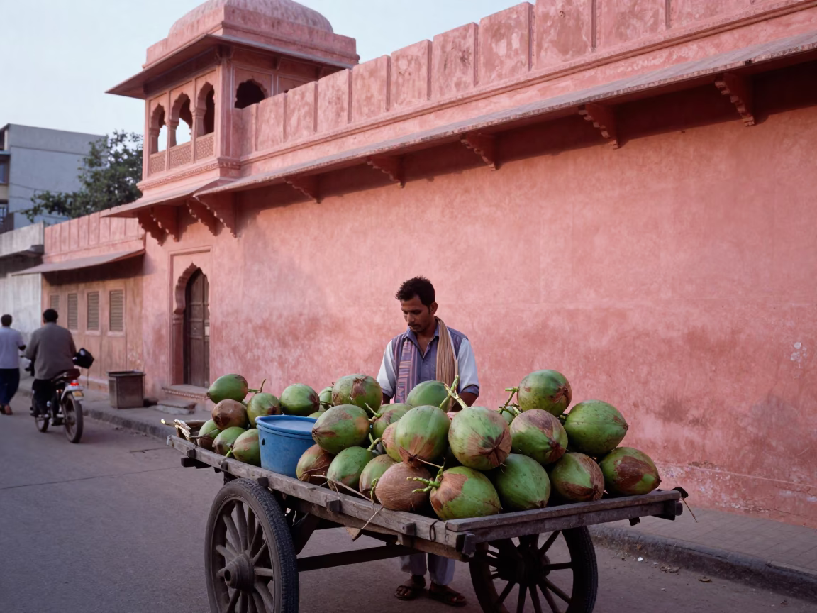 Jaipur India Morning Market Scene with Coconuts and Traditional Architecture in in Jaipur, India