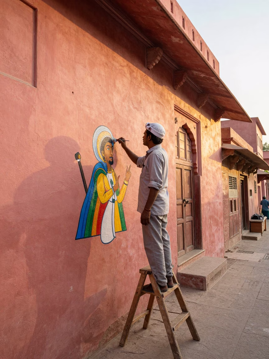 Jaipur India Morning Street Scene with Artist Painting Mural and Wicker Basket in in Jaipur, India