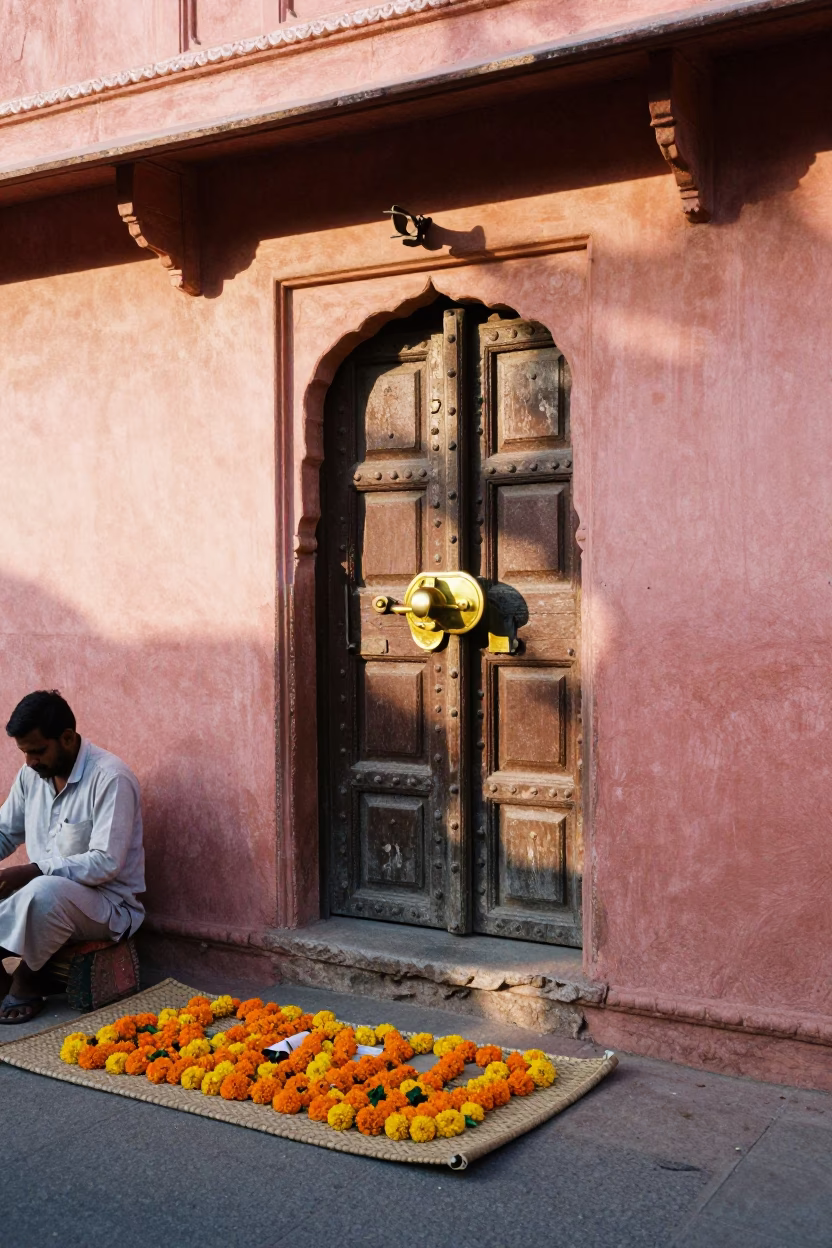 Jaipur India Morning Street Scene with Brass Latch and Local Commerce After Sunrise in in Jaipur, India