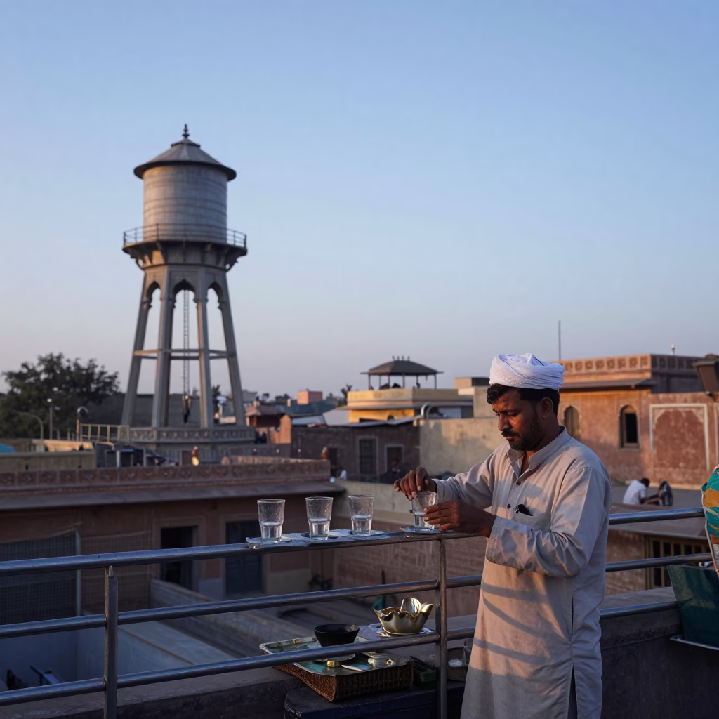 Jaipur India Morning Street Scene with Water Tower and Tea Stains in in Jaipur, India