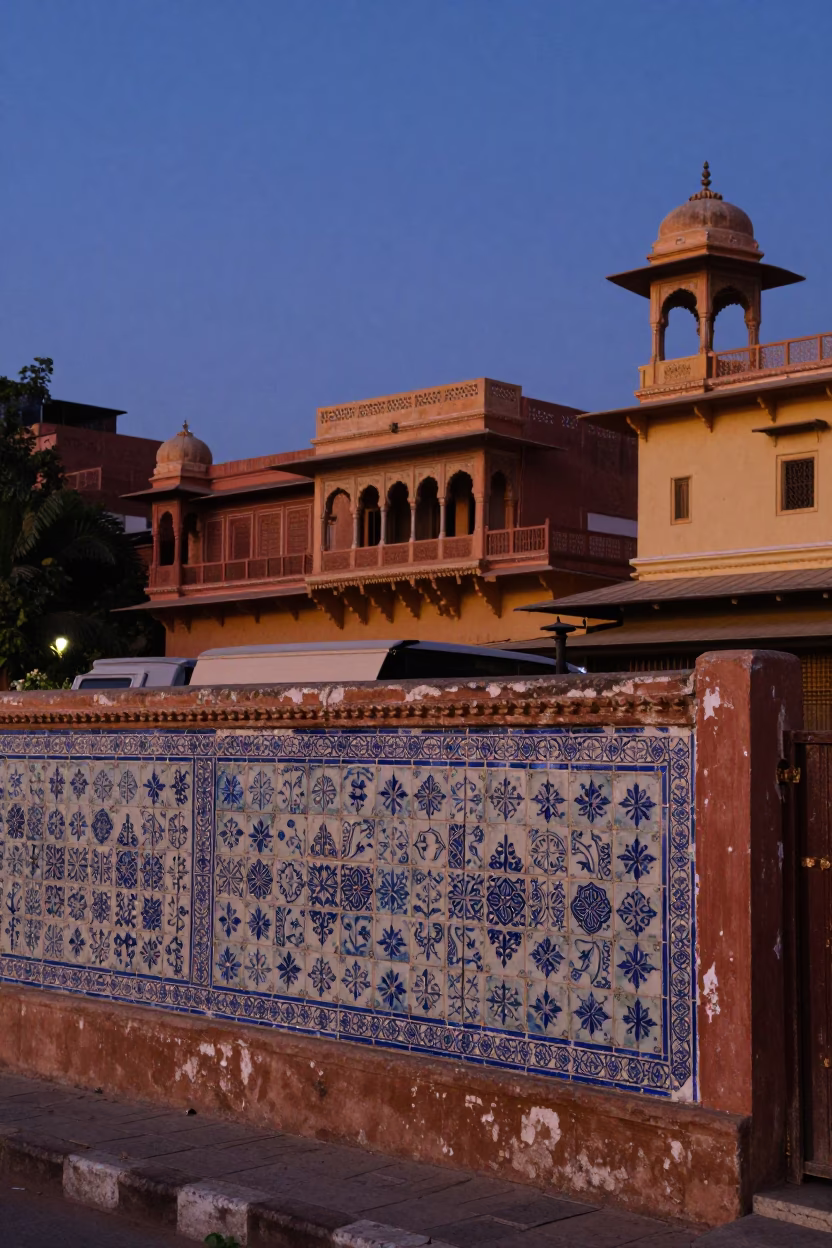 Jaipur India Nautical Dawn Street Scene with Ceramic Tiles and Canal Water in in Jaipur, India