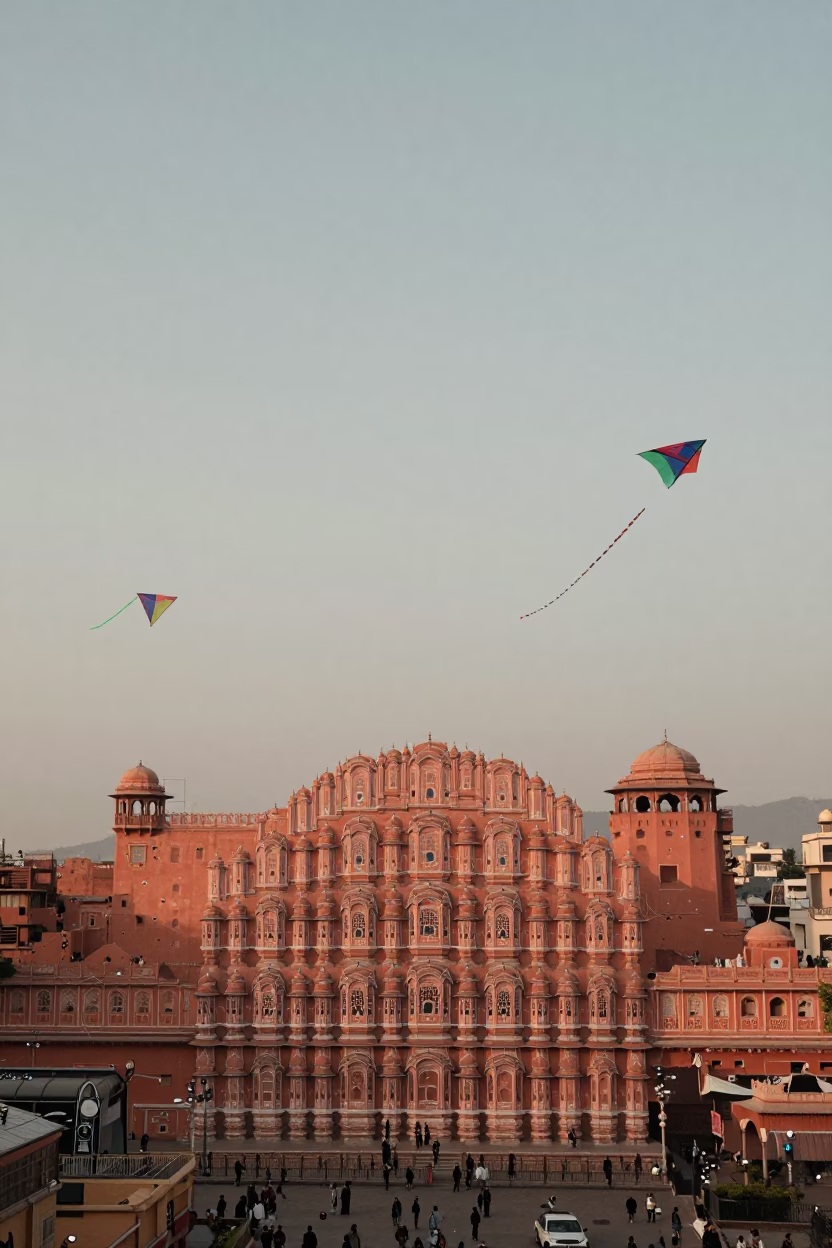 Jaipur India Nautical Dawn Street Scene with Kites Flying Over Pink City Rooftops in in Jaipur, India