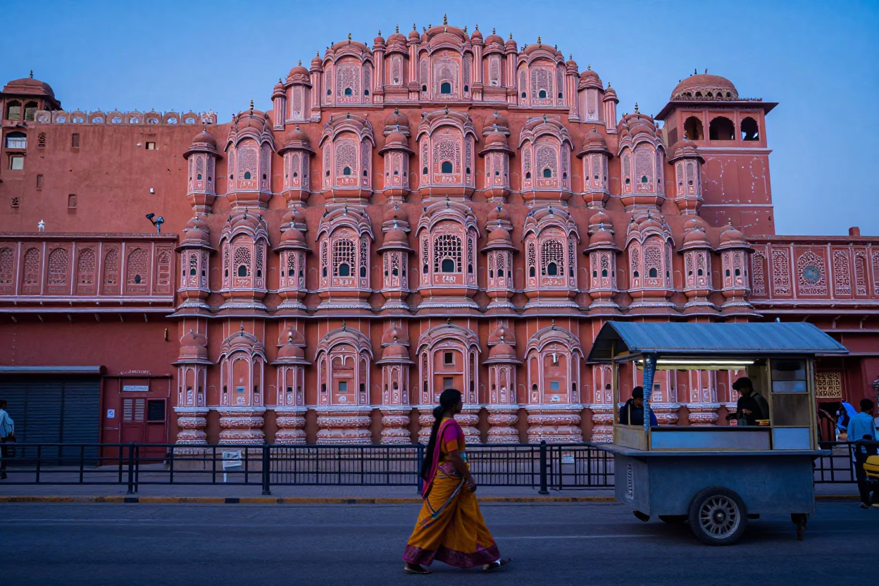 Jaipur India Nautical Dawn Street Scene with Traditional Architecture and Morning Activity in in Jaipur, India