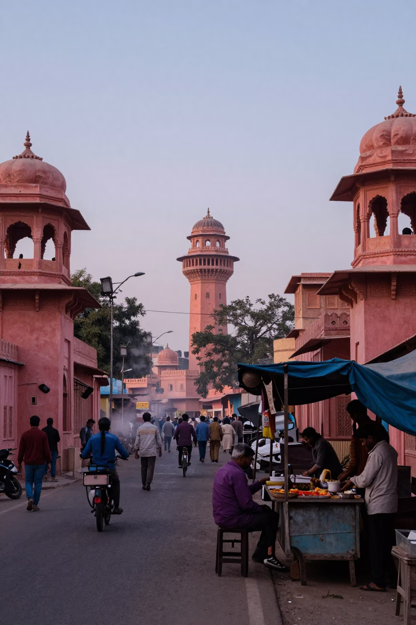 Jaipur India Nautical Dawn Street Scene with Water Tower and Tea Kettle in in Jaipur, India