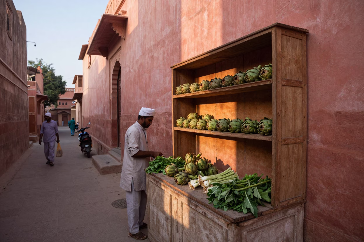 Jaipur India Nautical Dawn Street Scene with Wooden Shelf and Utensil Crock in in Jaipur, India