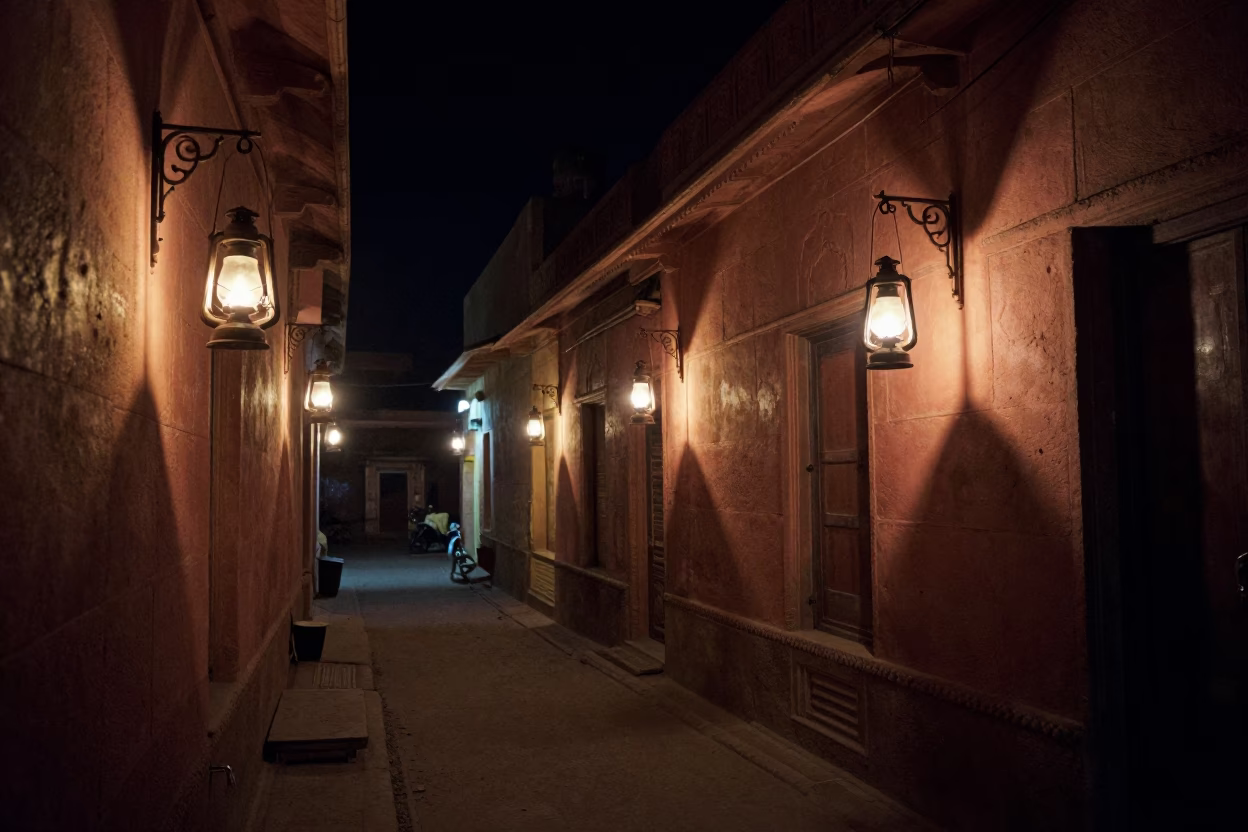 Jaipur India night street scene with flickering oil lamps and traditional architecture in in Jaipur, India