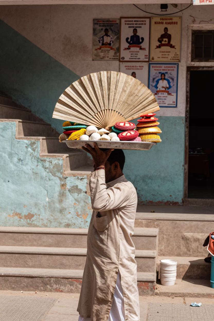 Jaipur India Noon Street Scene With Paper Fan And Faded Championship Photos in in Jaipur, India