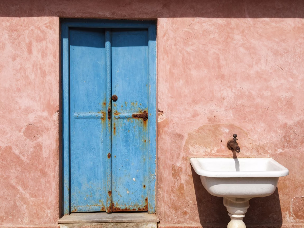 Jaipur India Noon Sunlight Rusty Hinge and Wash Basin on Pink Stone Street in in Jaipur, India