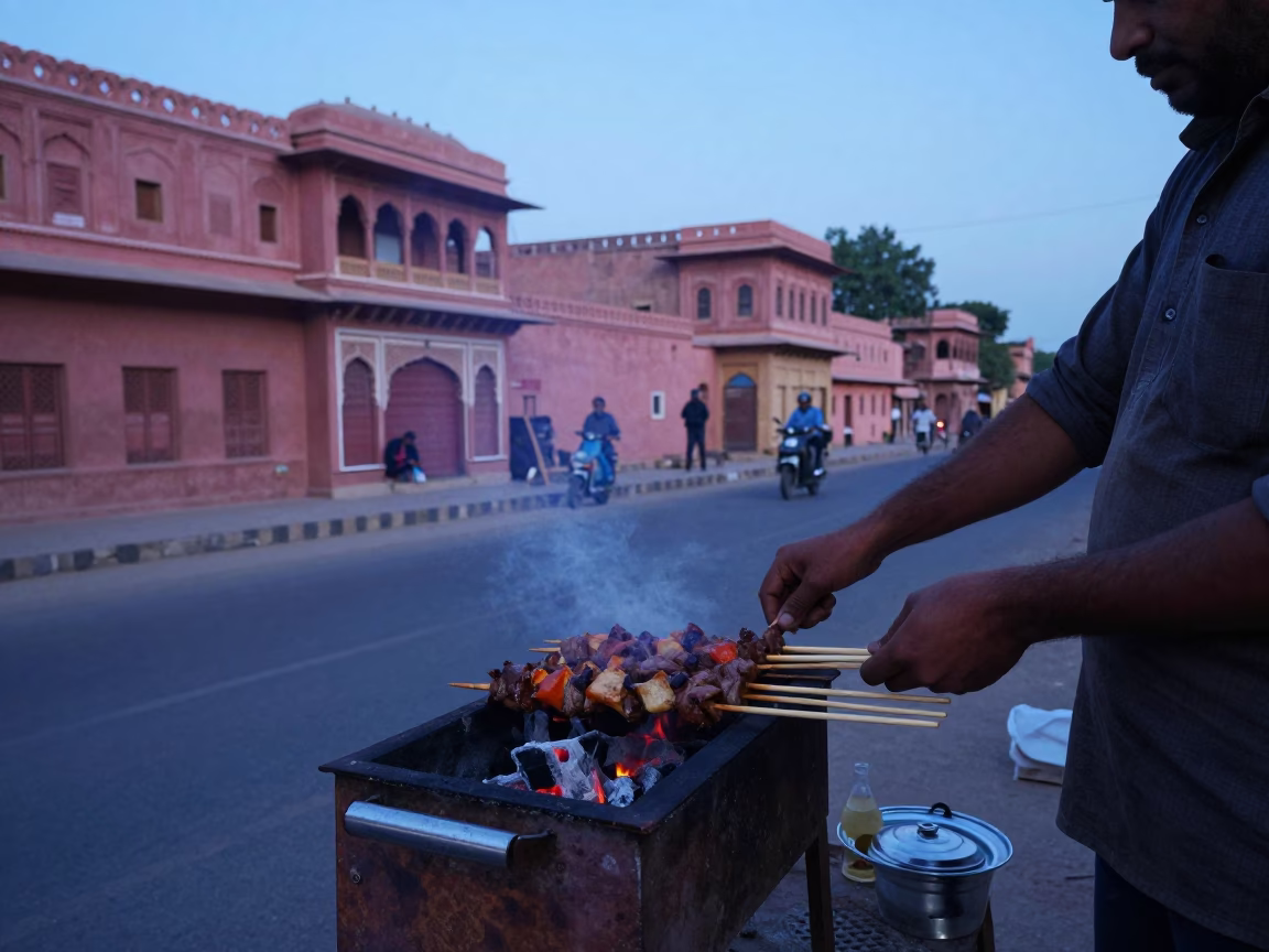 Jaipur India pre-dawn street scene with kebab grilling and enamel bowls in in Jaipur, India