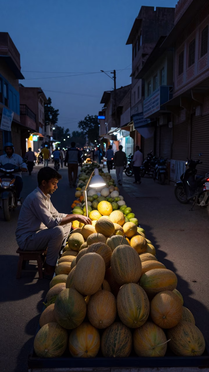 Jaipur India Predawn Street Scene with Fruit Vendor and Early Morning Light in in Jaipur, India