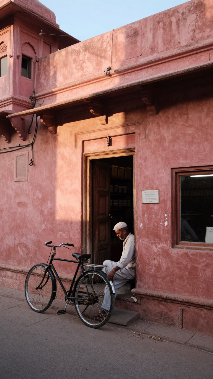 Jaipur India Street Scene After Sunrise with Bicycle and Bakery Doorframe in in Jaipur, India