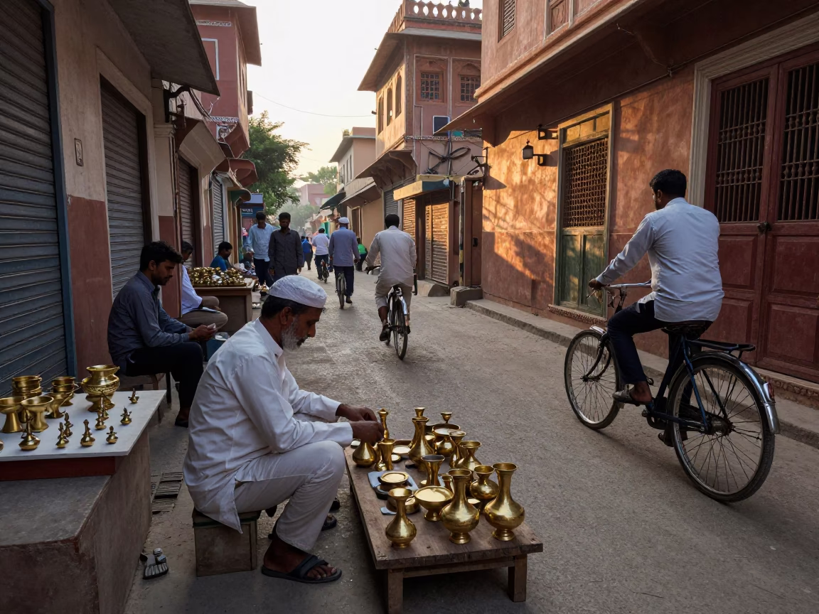Jaipur India street scene at dawn with brass workers and glass bottles in in Jaipur, India
