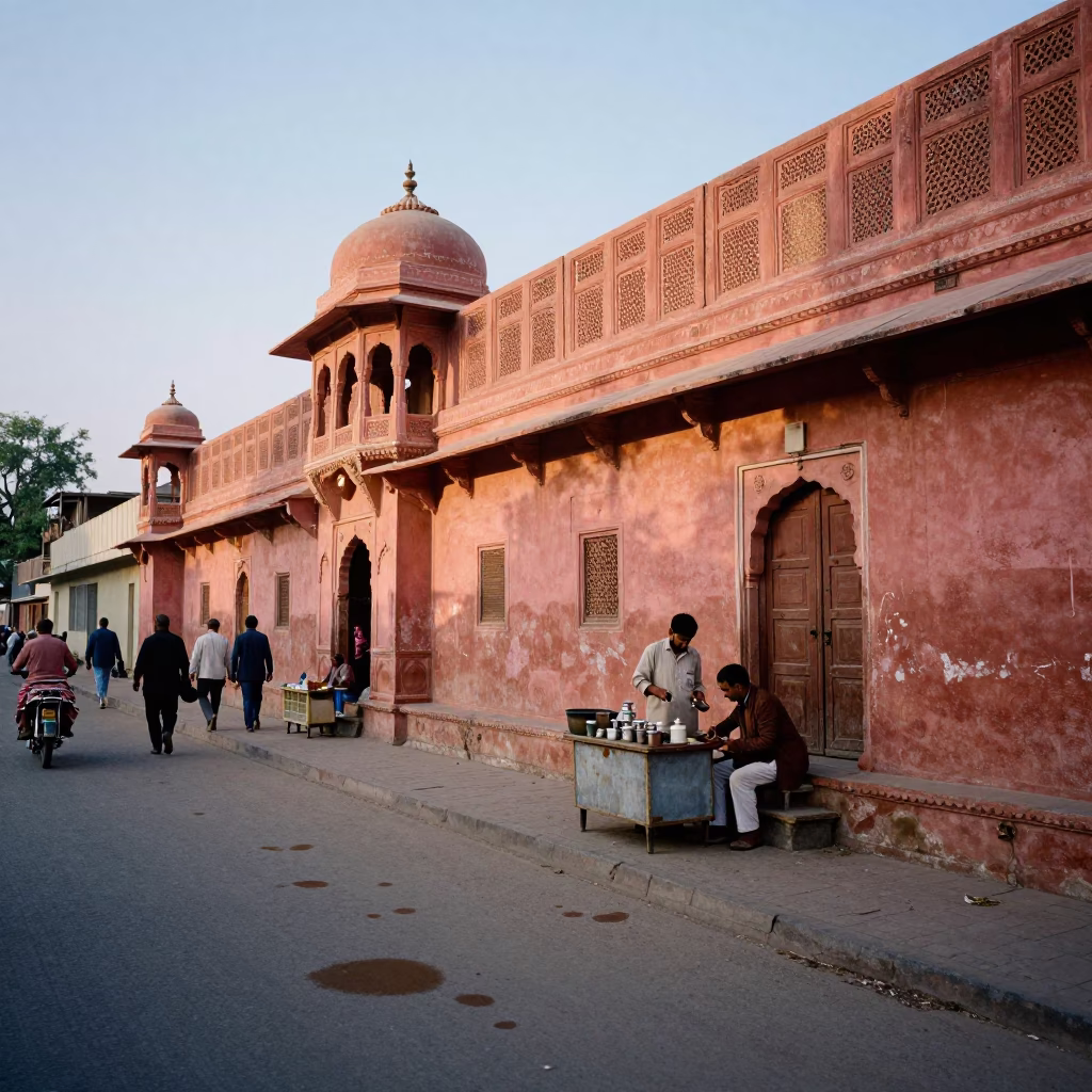 Jaipur India street scene at dawn with tea stains and hibiscus flower in in Jaipur, India