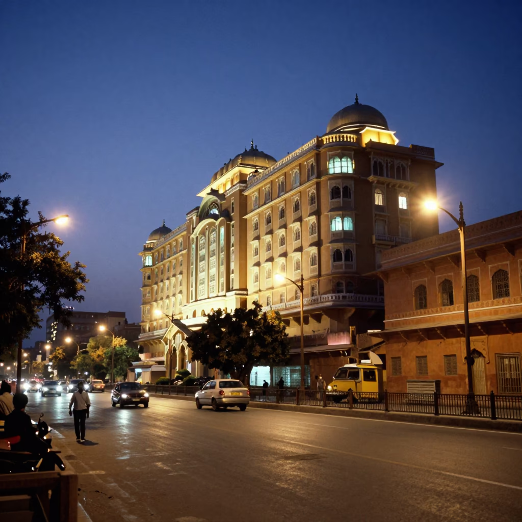 Jaipur India Street Scene at Dusk with Art Deco Hotel Facade and Local Life in in Jaipur, India