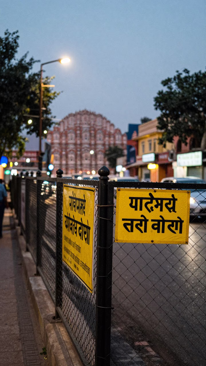 Jaipur India Street Scene at Dusk with Substation Fence and Rusty Lamp Base in in Jaipur, India