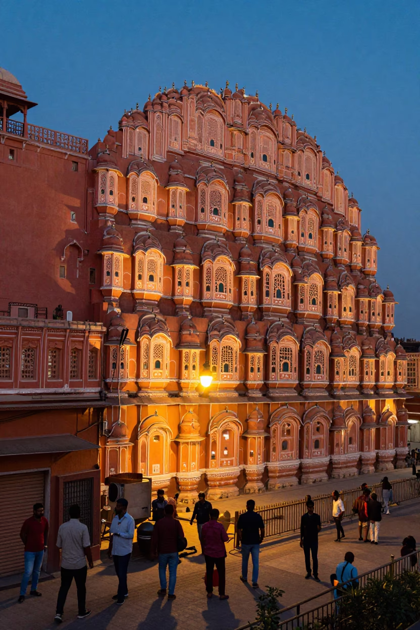 Jaipur India street scene at dusk with traditional architecture and evening glow in in Jaipur, India