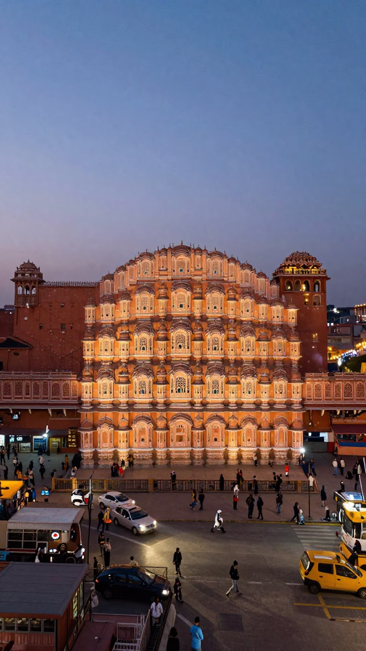 Jaipur India street scene at dusk with traditional architecture and glowing lights in in Jaipur, India