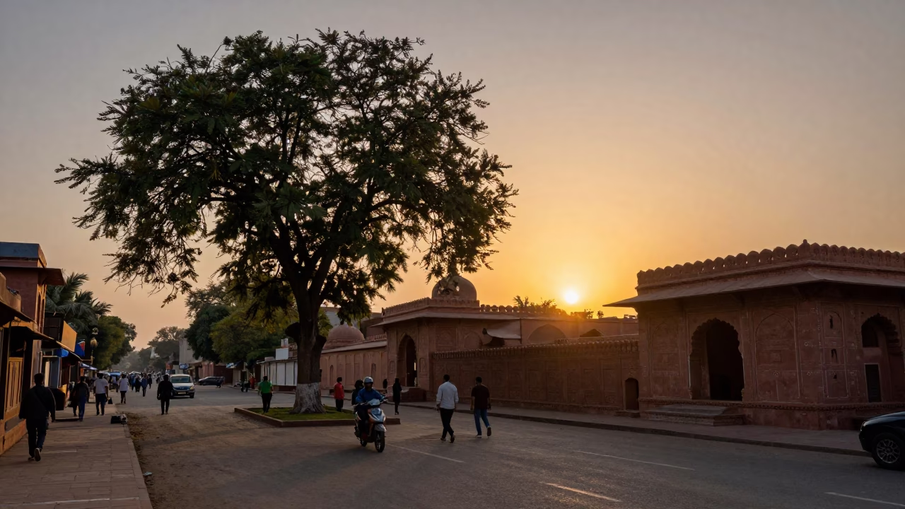 Jaipur India street scene at sunset with copper beech tree and local market activity in in Jaipur, India