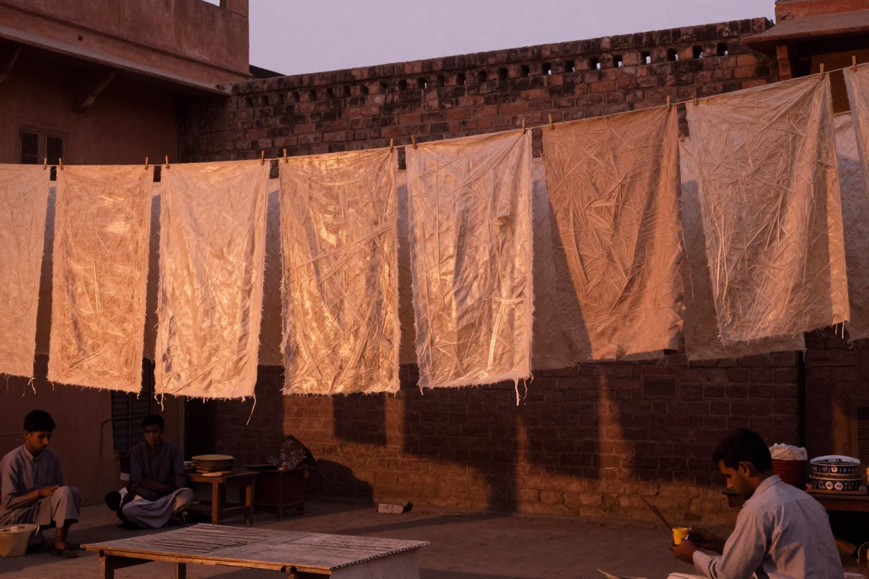 Jaipur India Street Scene Before Dusk with Handmade Paper Drying and Local Life in in Jaipur, India