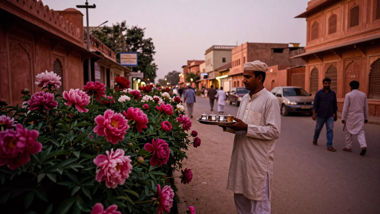 Jaipur India Street Scene Before Dusk with Tea Tray and Peony Garden in in Jaipur, India