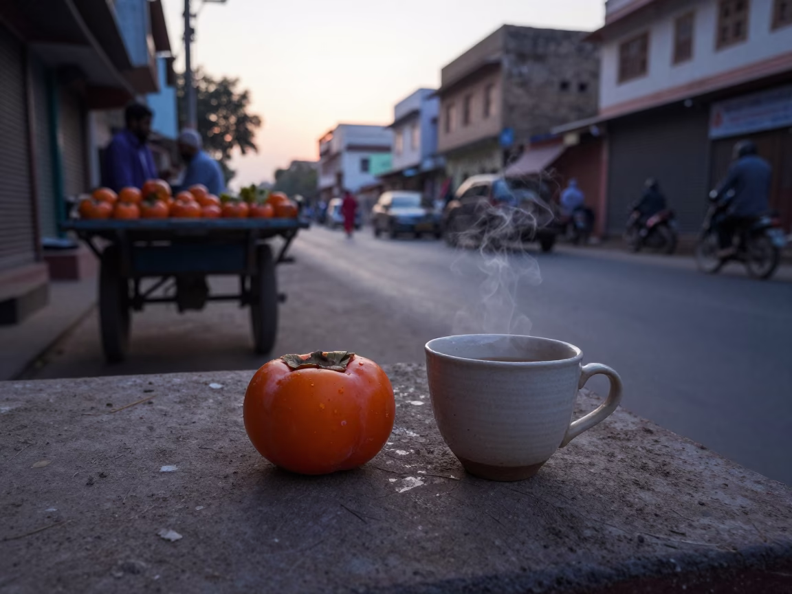 Jaipur India Street Scene Before Sunrise With Ceramic Cup And Persimmons in in Jaipur, India