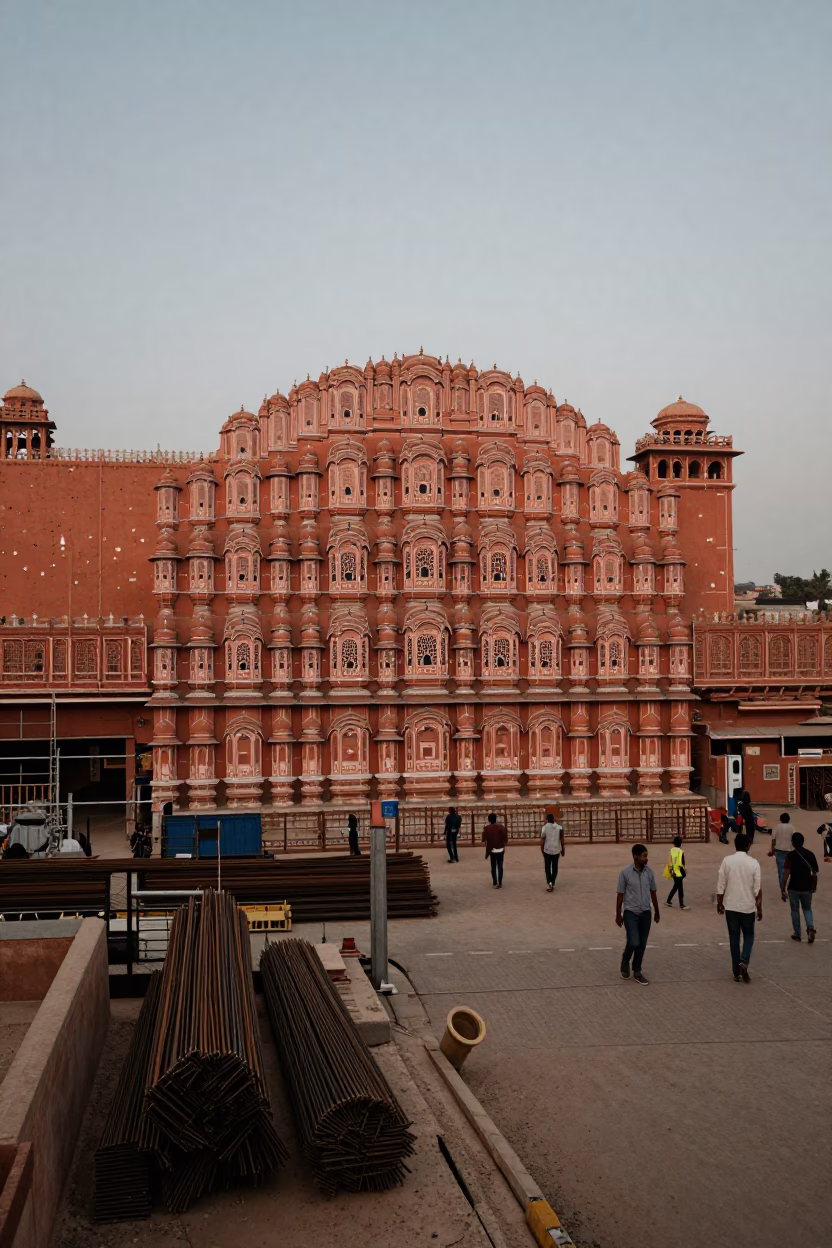 Jaipur India Street Scene Copper Dusk Light Construction Site and Local Traffic in in Jaipur, India