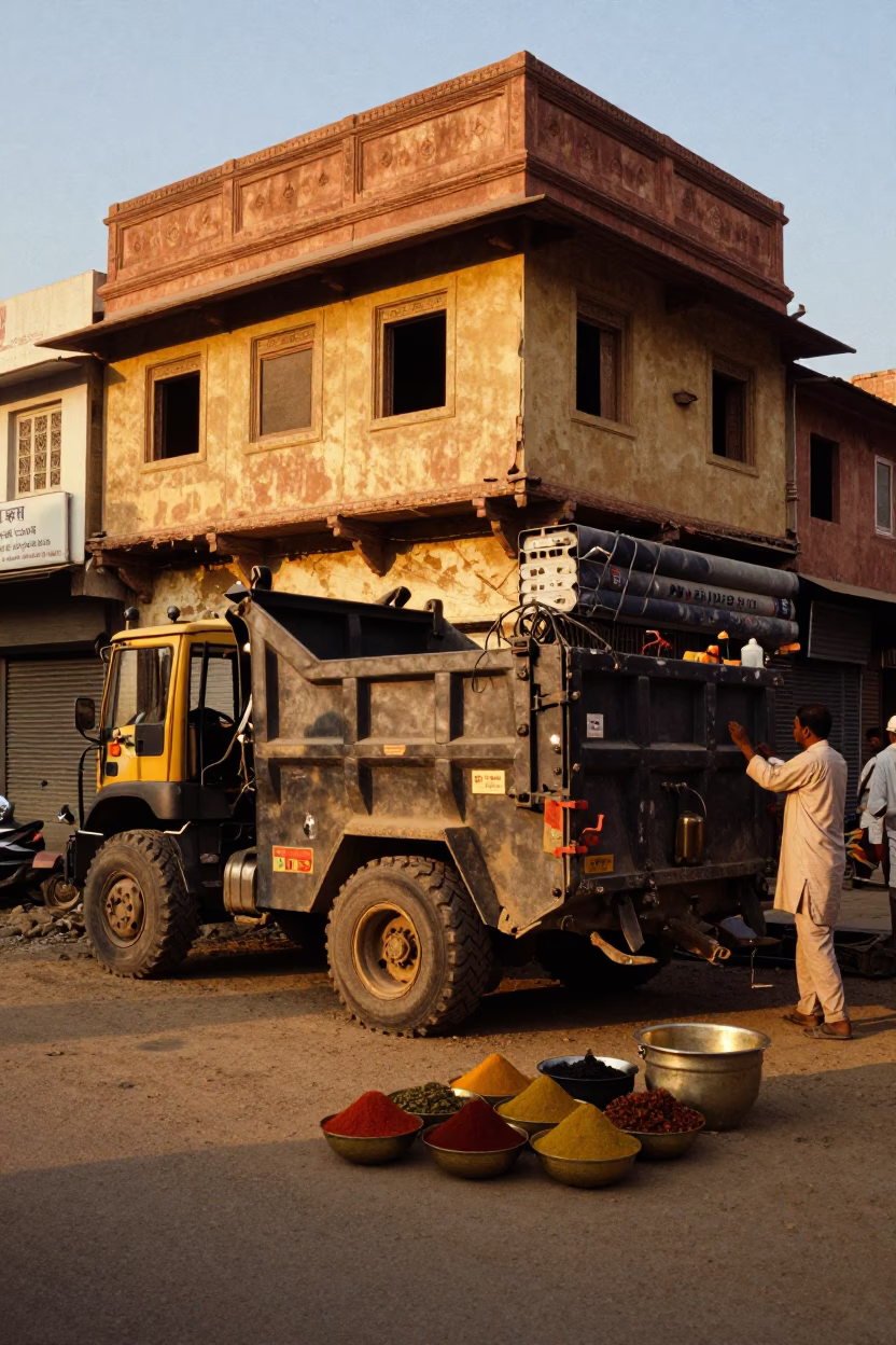Jaipur India Street Scene Evening Light with Demolition Dumpster and Local Commerce in in Jaipur, India