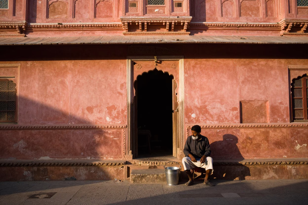 Jaipur India Street Scene Honeyed Evening Light with Metal Bucket and Shopfront in in Jaipur, India