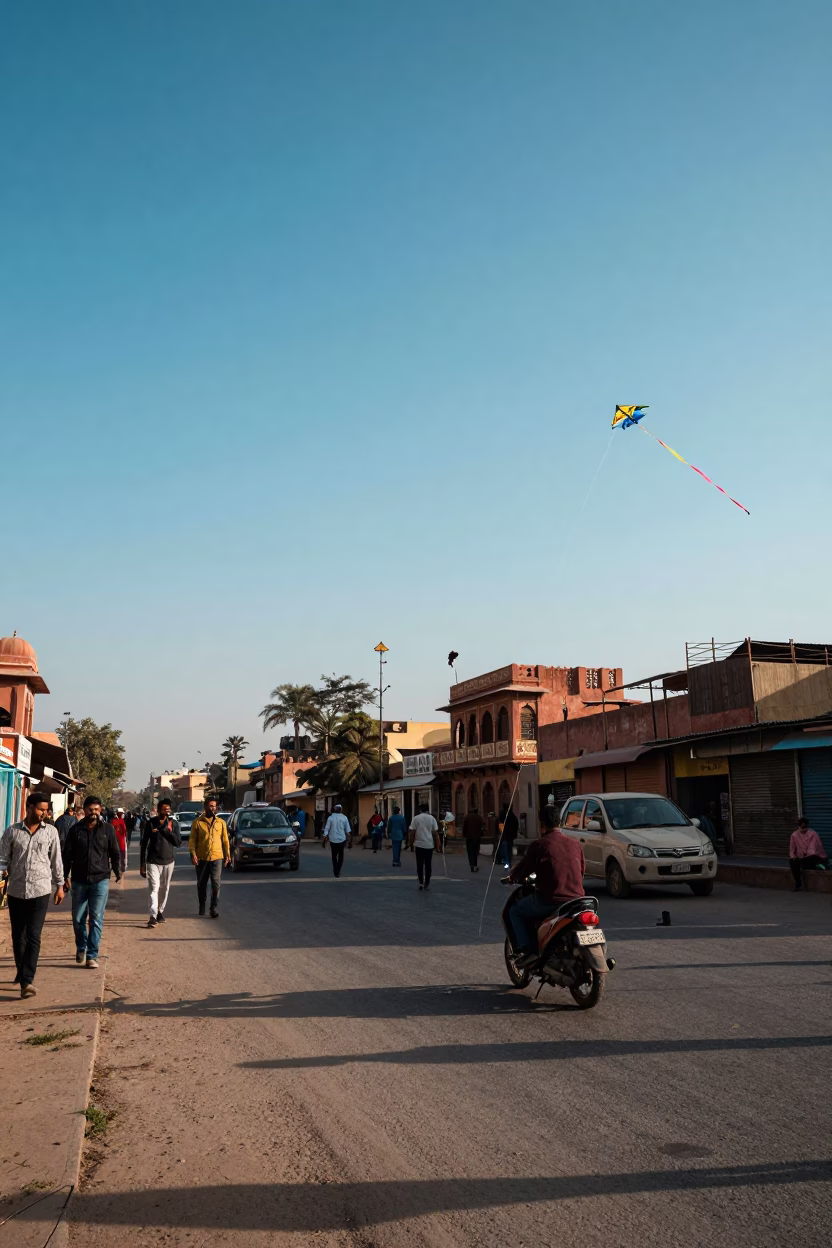 Jaipur India street scene late afternoon with kite strings and traditional architecture in in Jaipur, India