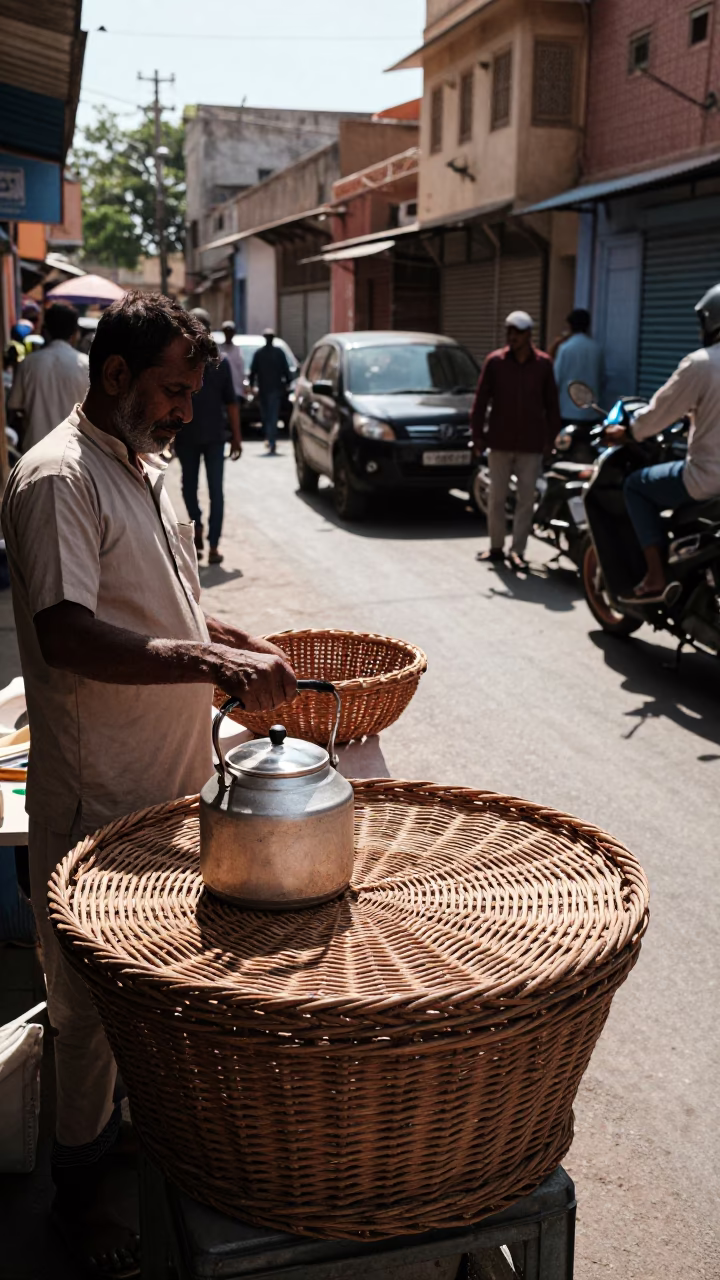 Jaipur India Street Scene Midmorning Light with Wicker Shadows and Daily Life in in Jaipur, India