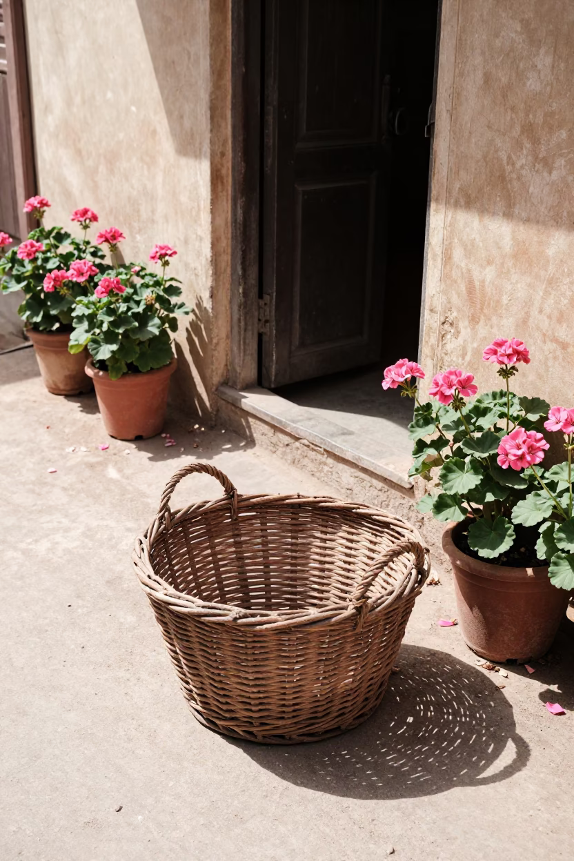 Jaipur India street scene with laundry basket and geraniums in bright midmorning light in in Jaipur, India