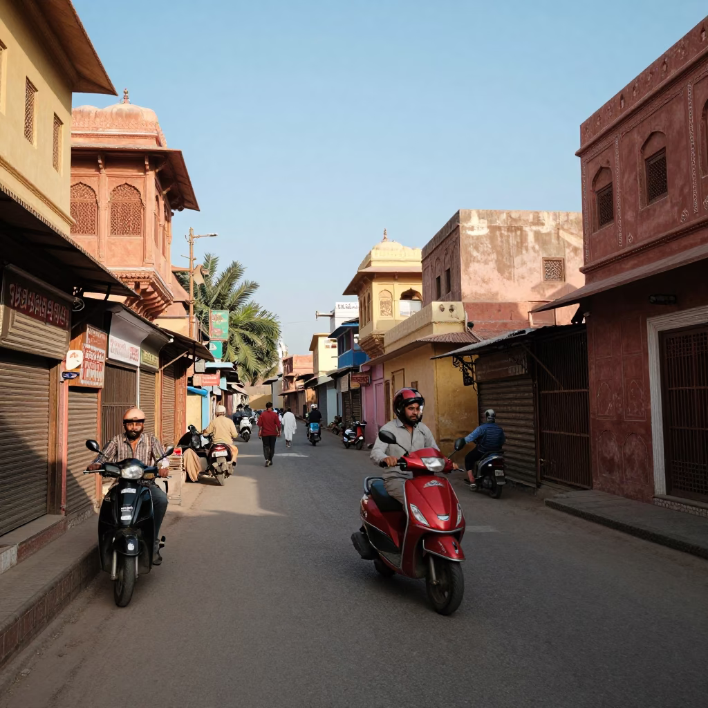 Jaipur India Street Scene with Traditional Decor and Daily Life in Late Afternoon Light in in Jaipur, India