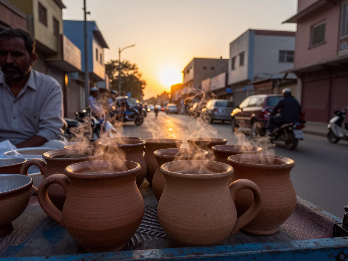 Jaipur India Sunset Street Scene with Ceramic Mugs and Traditional Tea Service in in Jaipur, India