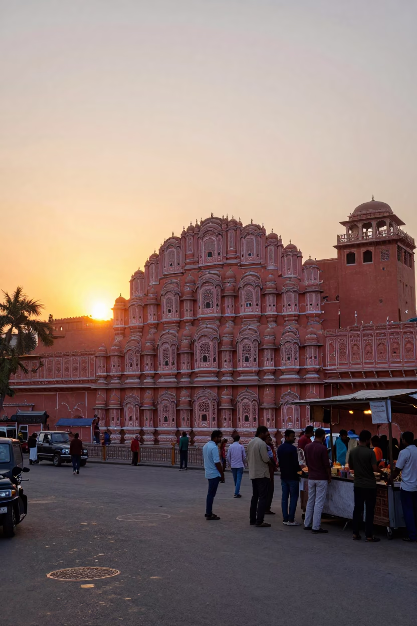 Jaipur India Sunset Street Scene with Pink Haveli Architecture and Local Street Life in in Jaipur, India