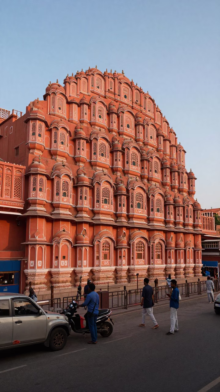 Jaipur India Sunset Street Scene with Pink Sandstone Haveli Architecture and Local Market Activity in in Jaipur, India