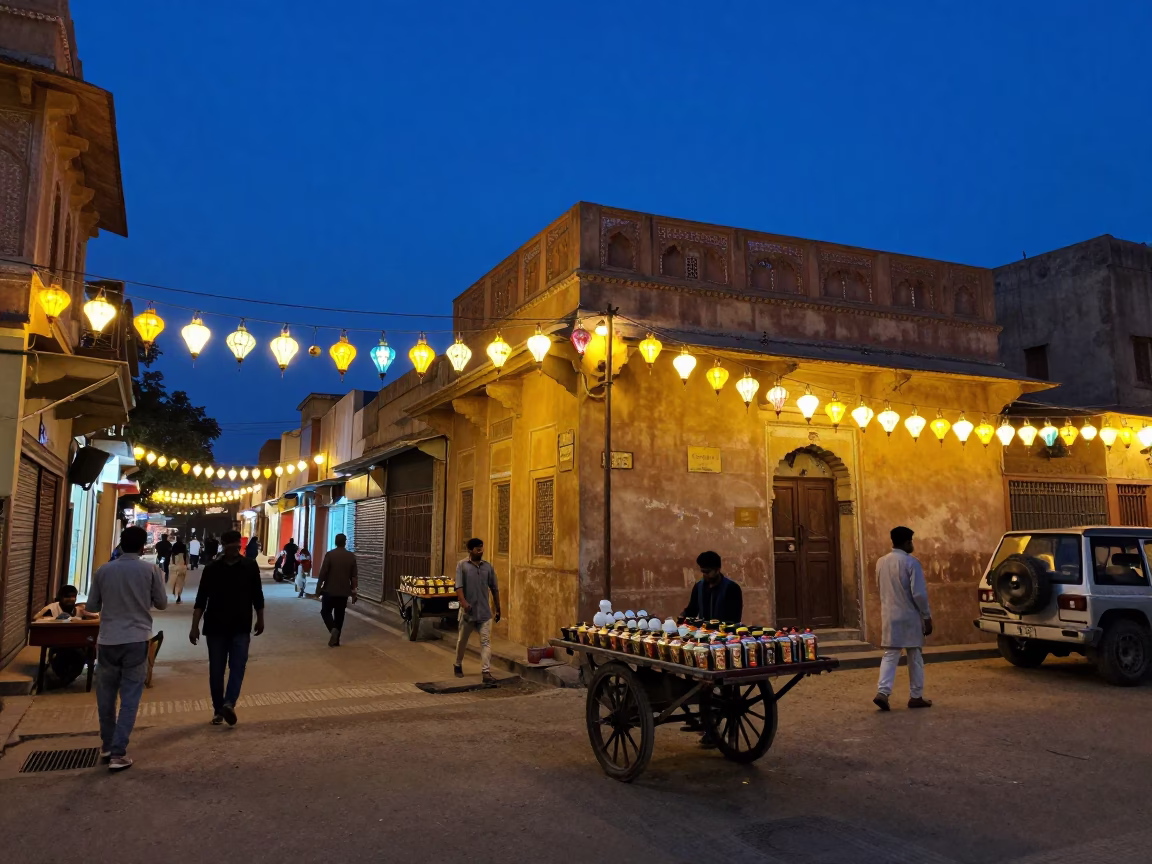 Jaipur India Twilight Street Scene with Colorful Lanterns and Traditional Architecture in in Jaipur, India