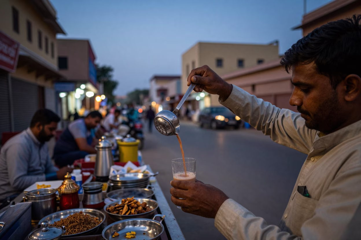 Jaipur India twilight street scene with tea infuser and local vendors in in Jaipur, India