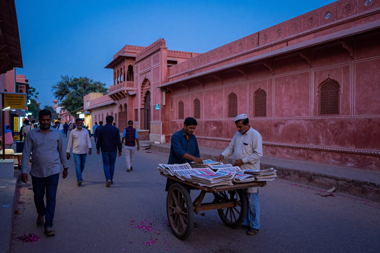 Jaipur Indigo Twilight Street Scene with Scattered Petals and Local Commerce in in Jaipur, India