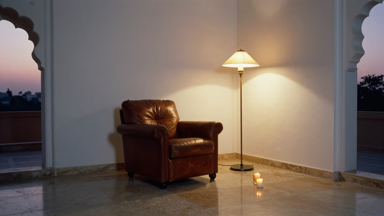 Jaipur Library Corner with Leather Chair in in a sunlit living room in Jaipur