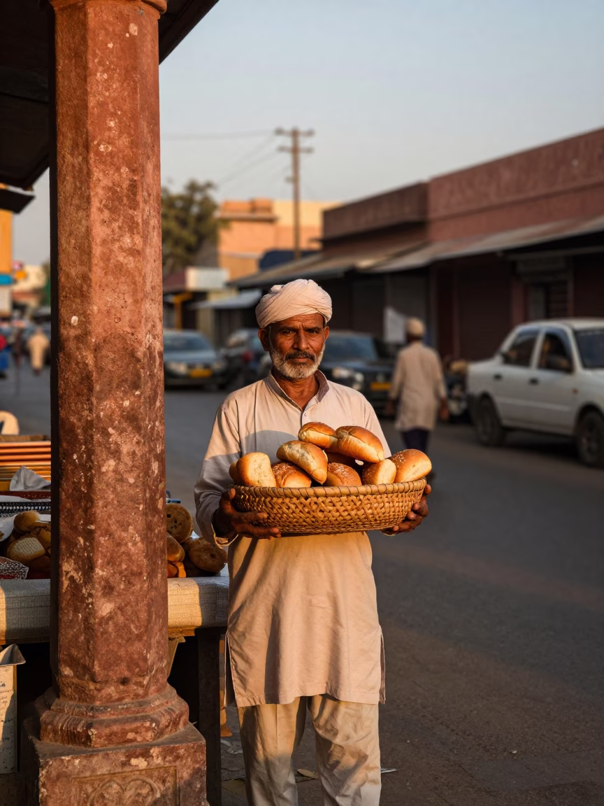 Jaipur Market Vendor at Copper-toned Light Before Dusk in in Jaipur, India