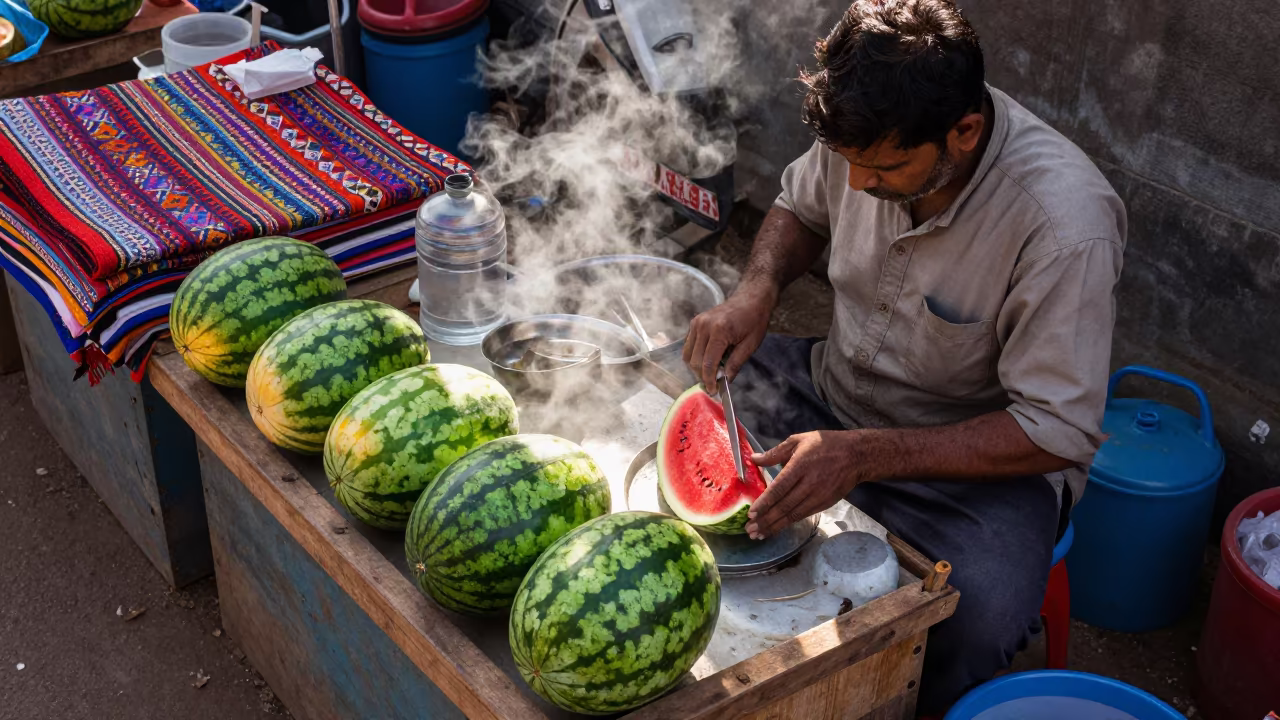 Jaipur Market Vendor Slicing Watermelon in at a market stall in Jaipur