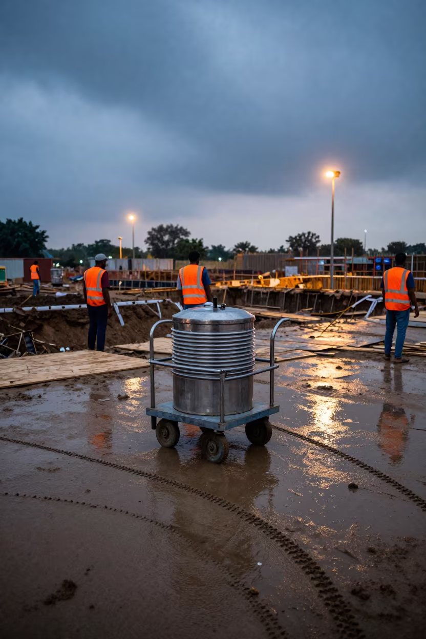 Jaipur Monsoon Construction Water Cooler Cart Blue Hour in inside a taped-off excavation edge in Jaipur