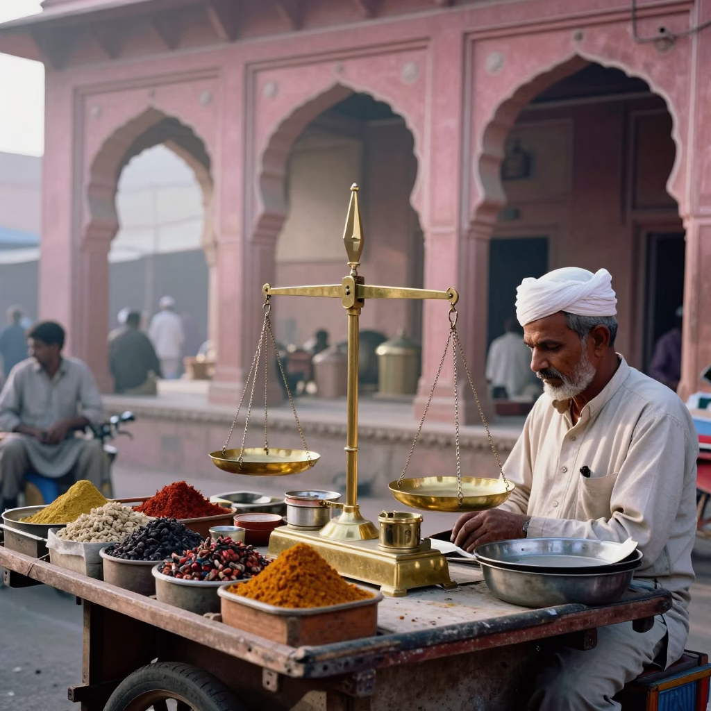 Jaipur Morning Market Stall with Apothecary Scale and Spices in in Jaipur, India